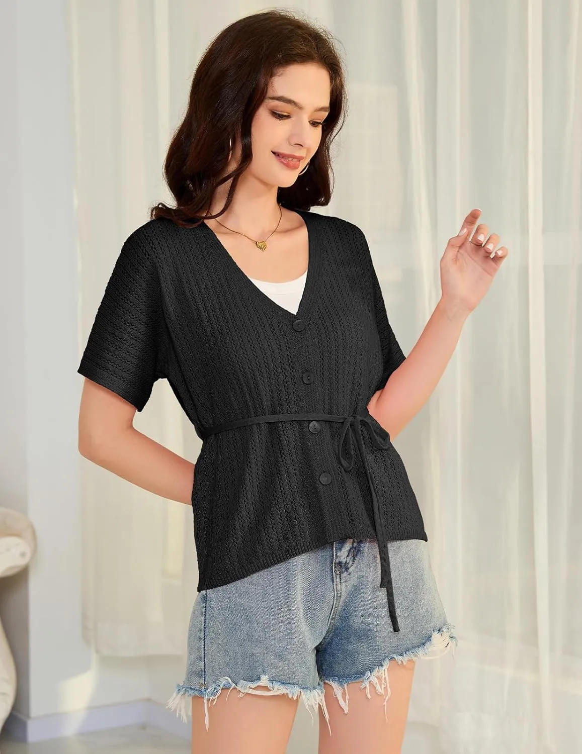 DRESSTELLS Women's Knit Cardigan Lightweight V Neck Short Sleeve Button-Up Hollow Out Summer Sweater Open Front Top