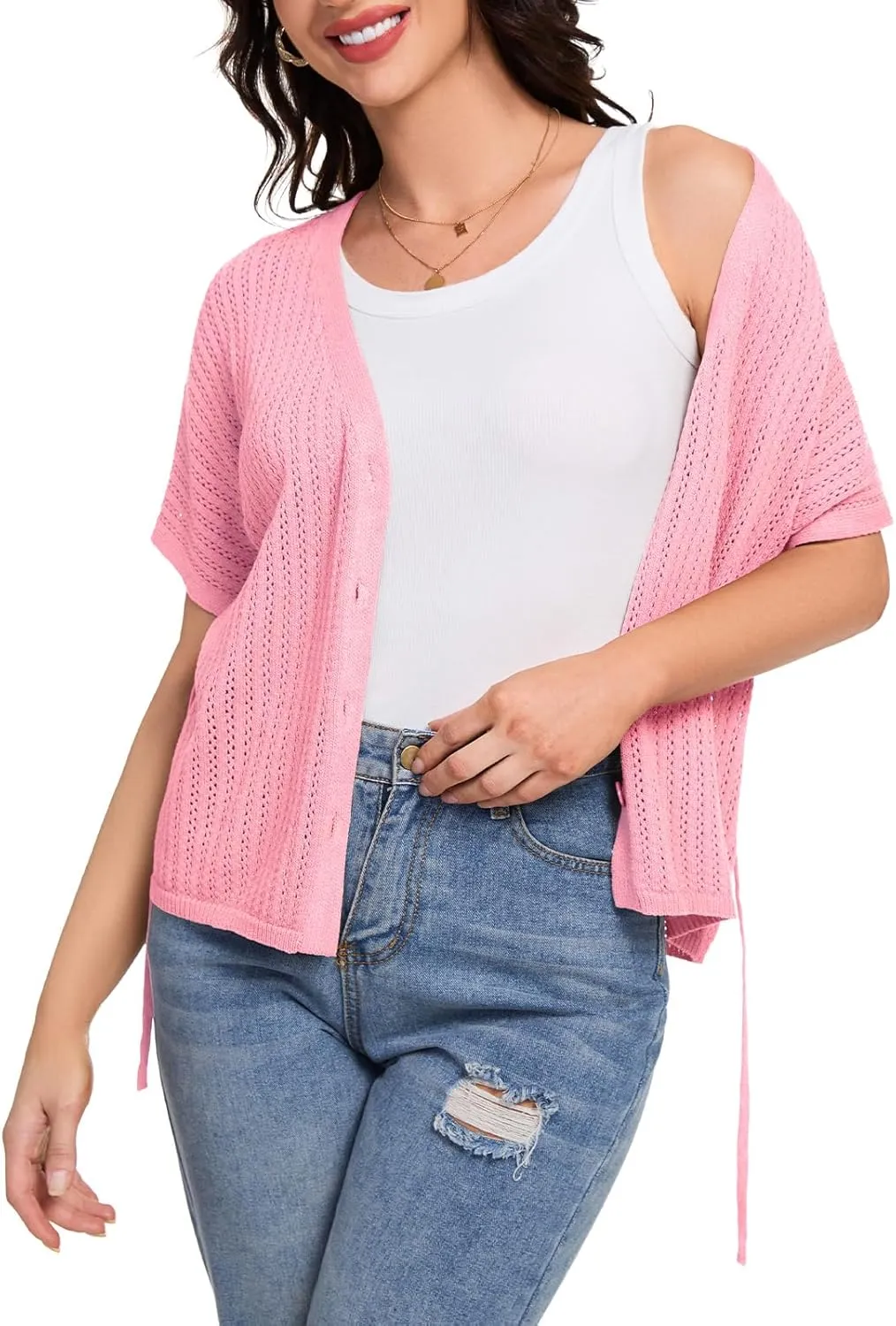 DRESSTELLS Women's Knit Cardigan Lightweight V Neck Short Sleeve Button-Up Hollow Out Summer Sweater Open Front Top