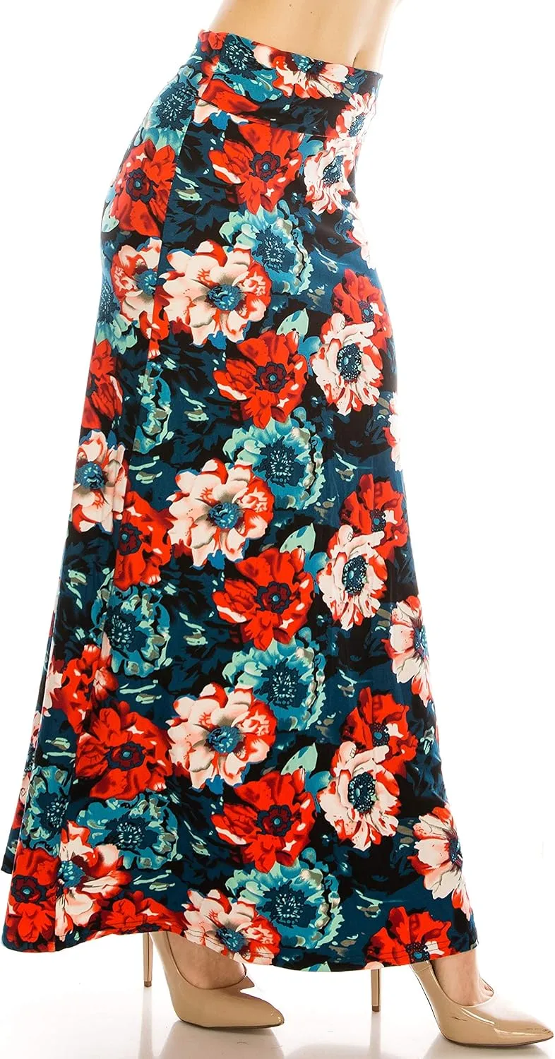 Eevee Womens Casual Long Maxi Skirts - Basic High Waist Fold Over Soft Floor Length Stretch Casual Regular Plus Size