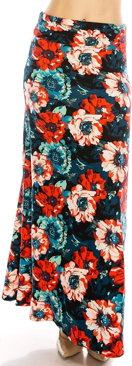 Eevee Womens Casual Long Maxi Skirts - Basic High Waist Fold Over Soft Floor Length Stretch Casual Regular Plus Size