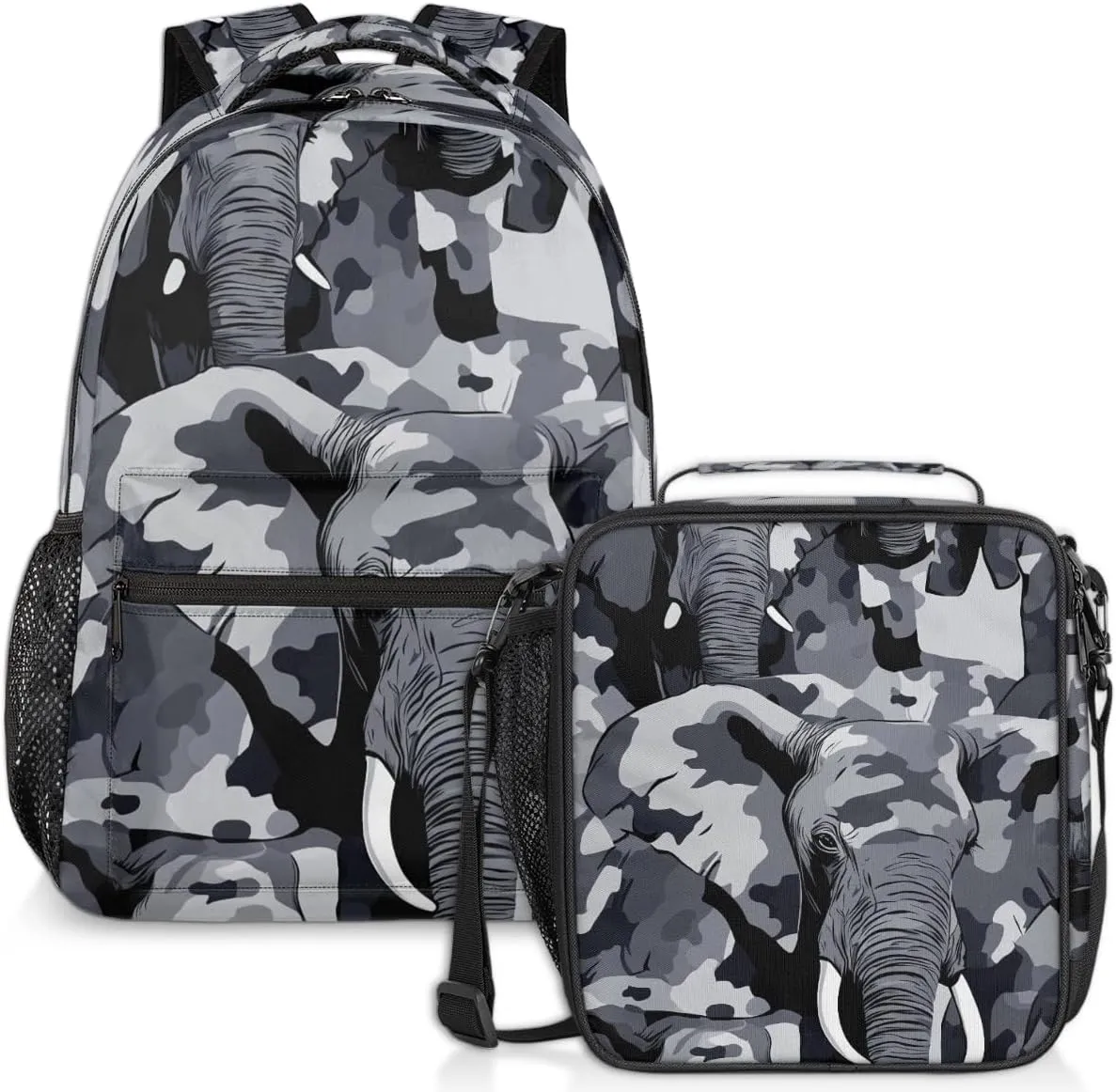 Elephant Camo Lunch Backpack Gray Camouflage Laptop Backpacks Set with Insulated Cooler Lunch Box Leak Proof Lunch Bag for Women Men Work Camping Travel Daypack