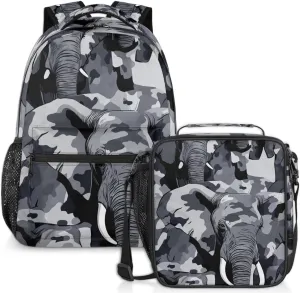 Elephant Camo Lunch Backpack Gray Camouflage Laptop Backpacks Set with Insulated Cooler Lunch Box Leak Proof Lunch Bag for Women Men Work Camping Travel Daypack