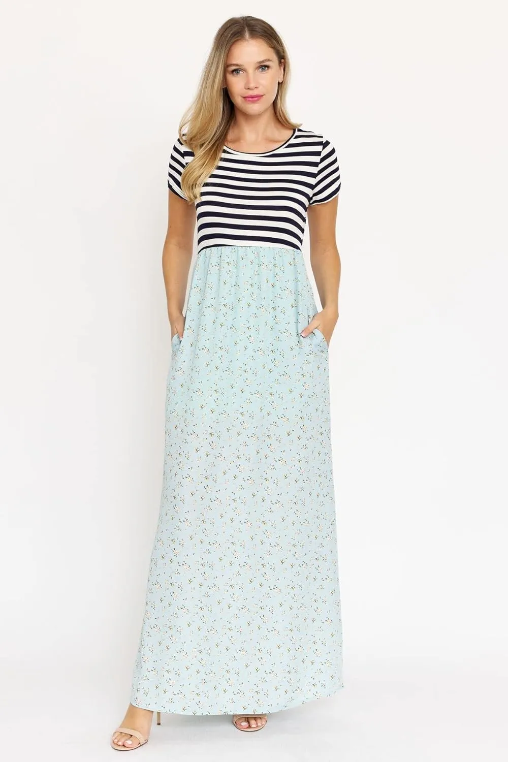 Eloges Summer Short Sleeve Floral Tie Dye Multi Stripe Plus Casual Long Maxi Dress with Pockets