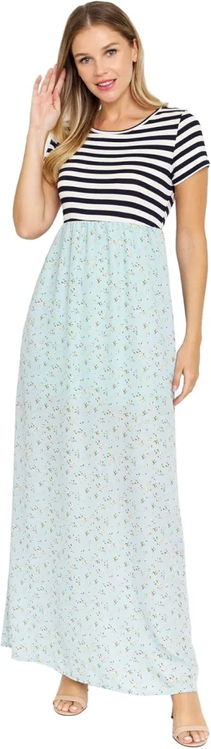 Eloges Summer Short Sleeve Floral Tie Dye Multi Stripe Plus Casual Long Maxi Dress with Pockets