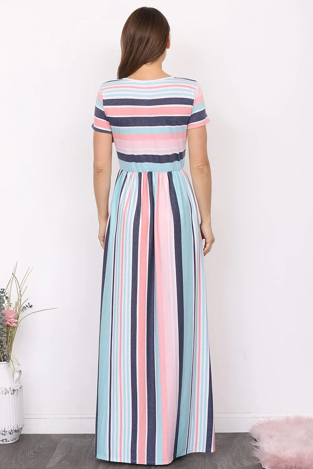 Eloges Summer Short Sleeve Floral Tie Dye Multi Stripe Plus Casual Long Maxi Dress with Pockets