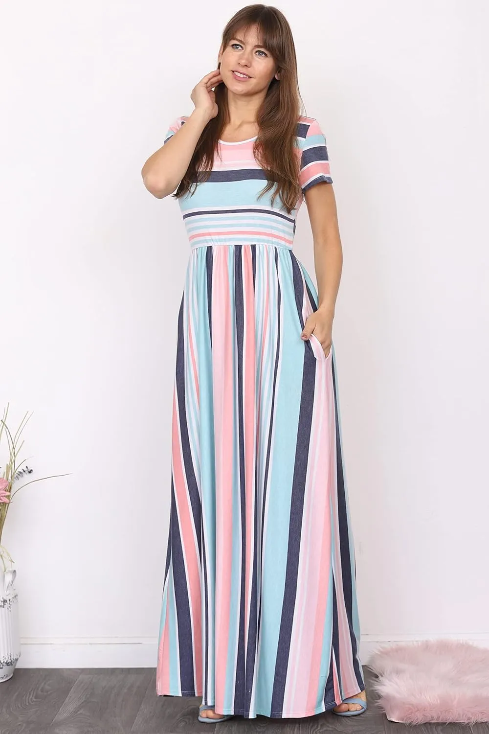 Eloges Summer Short Sleeve Floral Tie Dye Multi Stripe Plus Casual Long Maxi Dress with Pockets