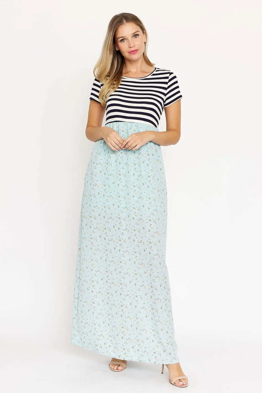 Eloges Summer Short Sleeve Floral Tie Dye Multi Stripe Plus Casual Long Maxi Dress with Pockets