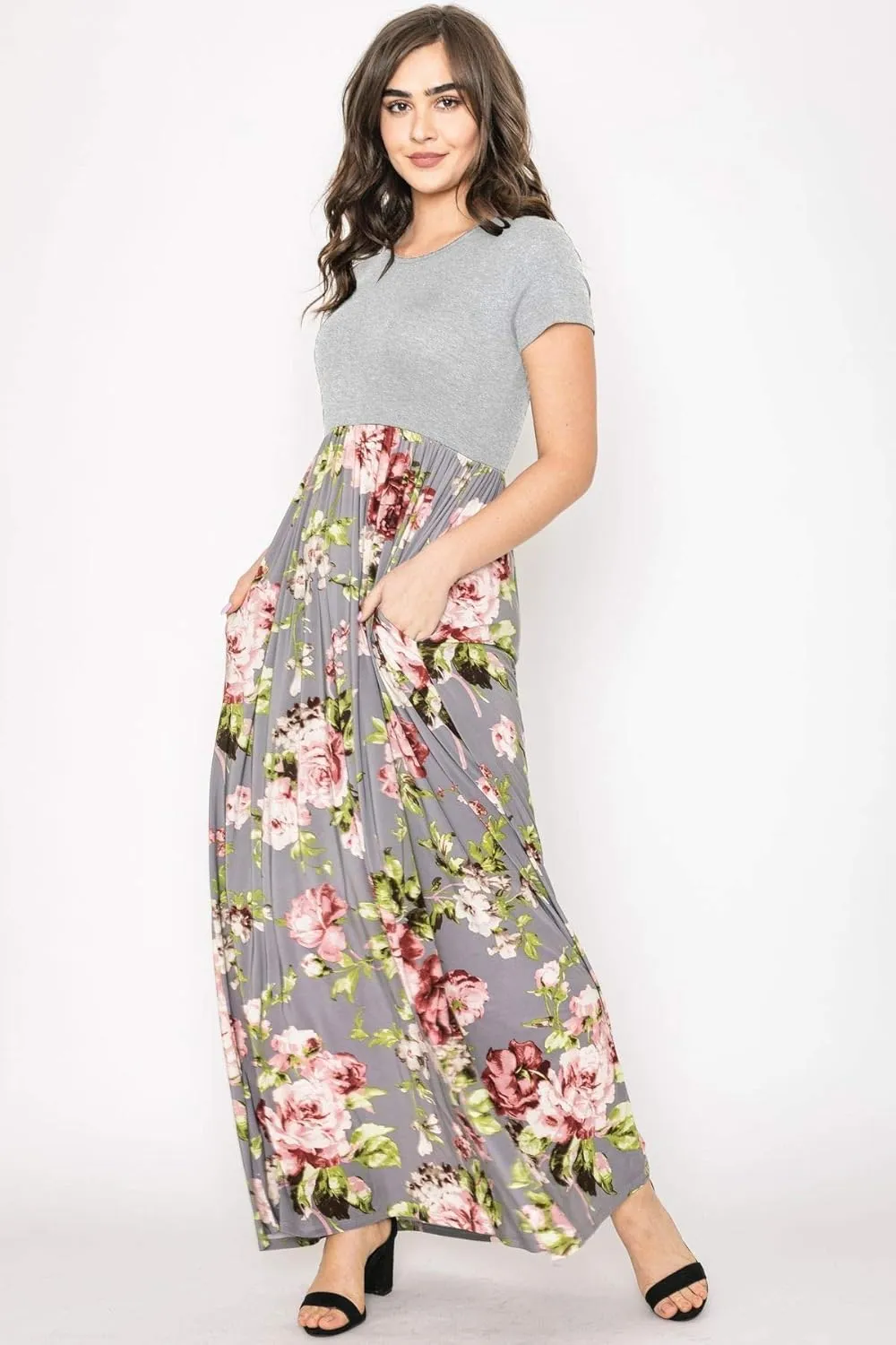 Eloges Summer Short Sleeve Floral Tie Dye Multi Stripe Plus Casual Long Maxi Dress with Pockets