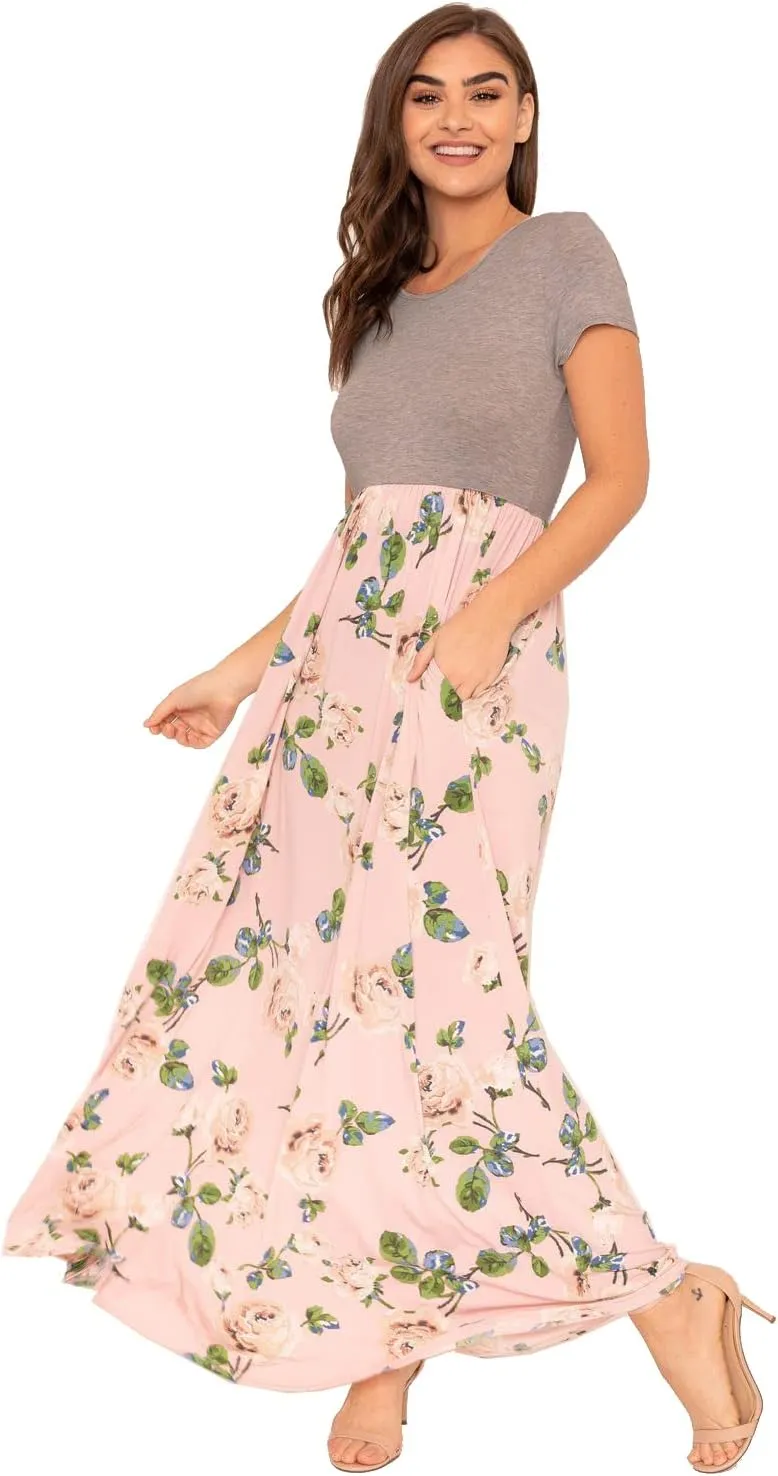 Eloges Summer Short Sleeve Floral Tie Dye Multi Stripe Plus Casual Long Maxi Dress with Pockets