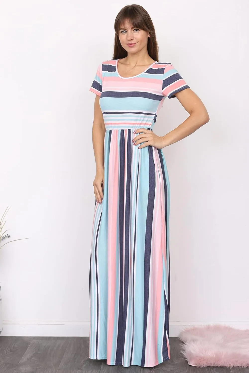Eloges Summer Short Sleeve Floral Tie Dye Multi Stripe Plus Casual Long Maxi Dress with Pockets