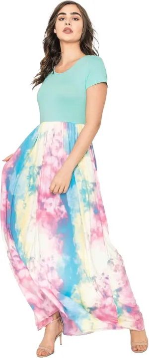 Eloges Summer Short Sleeve Floral Tie Dye Multi Stripe Plus Casual Long Maxi Dress with Pockets