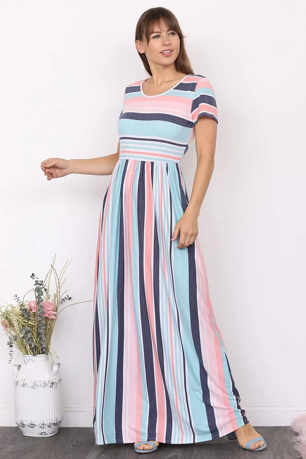 Eloges Summer Short Sleeve Floral Tie Dye Multi Stripe Plus Casual Long Maxi Dress with Pockets