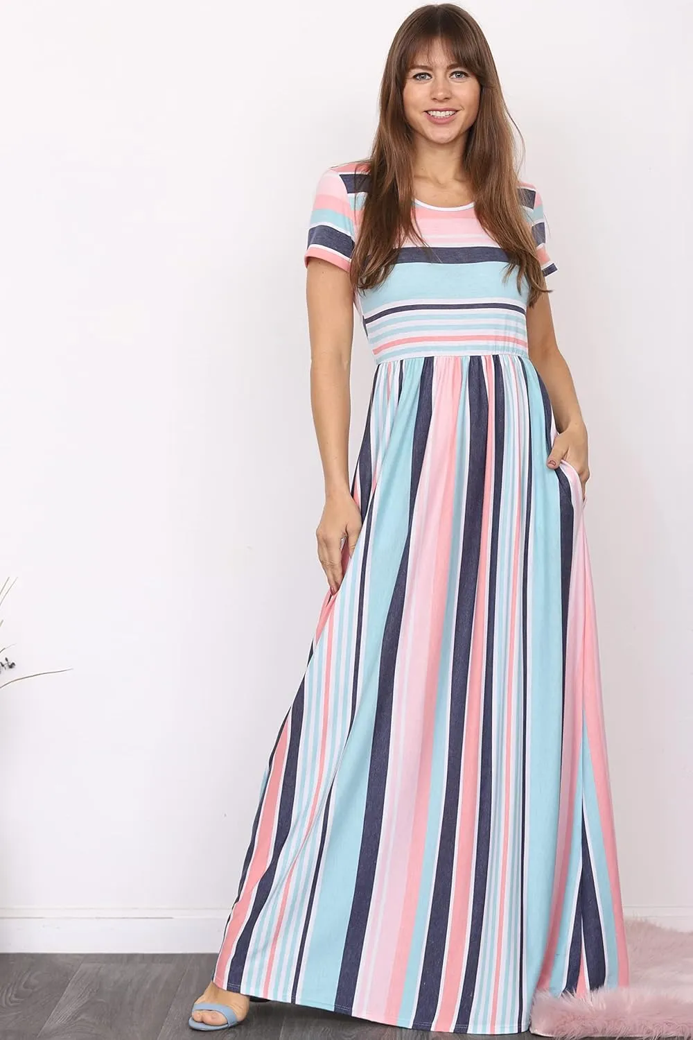 Eloges Summer Short Sleeve Floral Tie Dye Multi Stripe Plus Casual Long Maxi Dress with Pockets