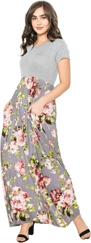 Eloges Summer Short Sleeve Floral Tie Dye Multi Stripe Plus Casual Long Maxi Dress with Pockets