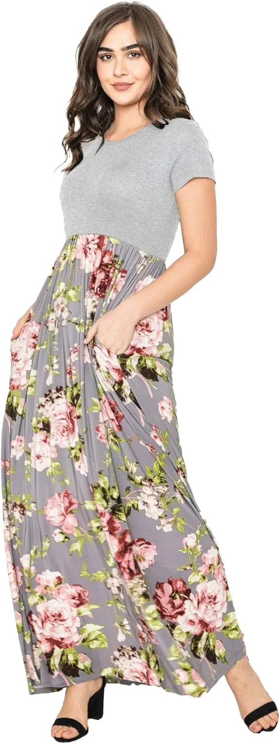 Eloges Summer Short Sleeve Floral Tie Dye Multi Stripe Plus Casual Long Maxi Dress with Pockets