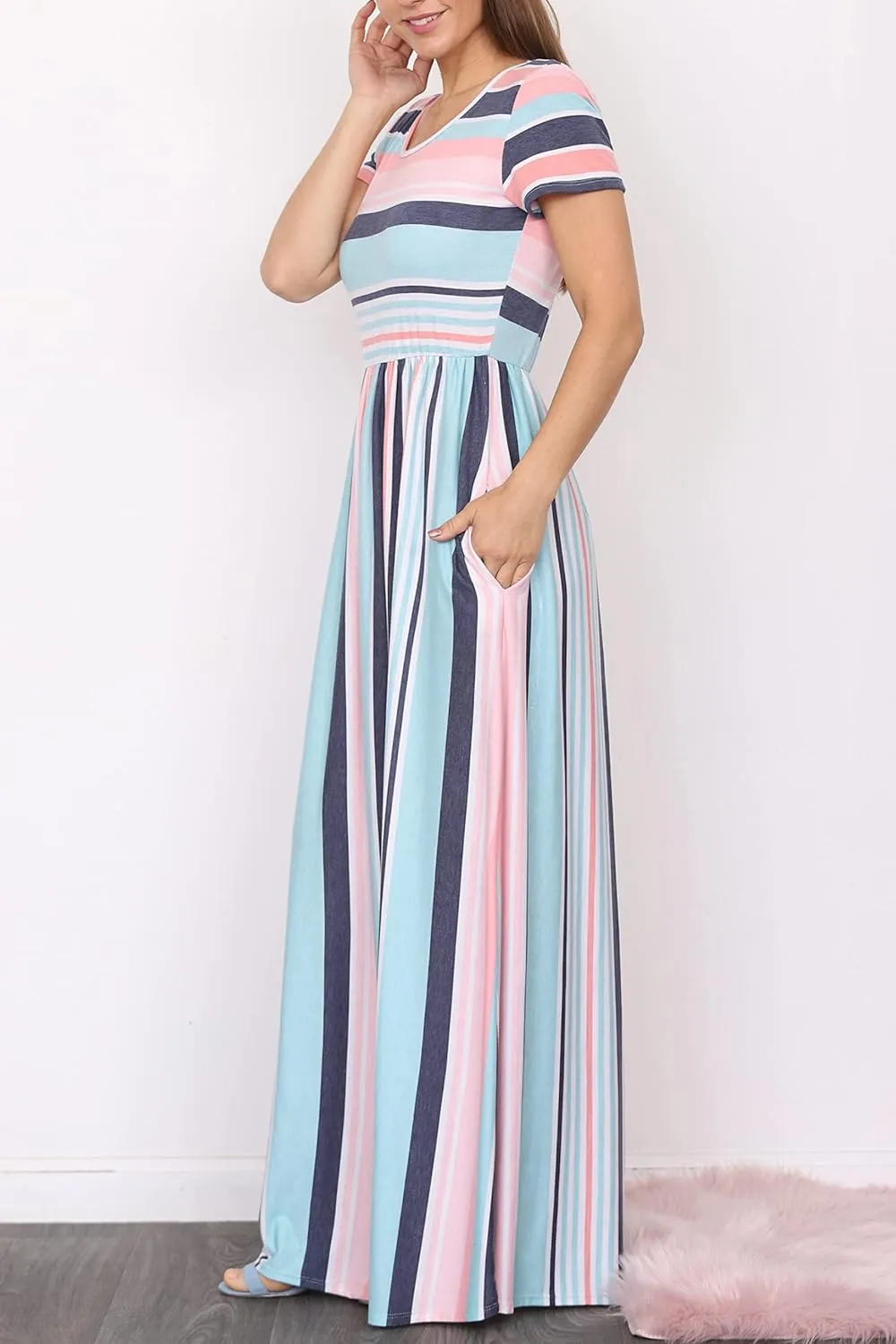 Eloges Summer Short Sleeve Floral Tie Dye Multi Stripe Plus Casual Long Maxi Dress with Pockets