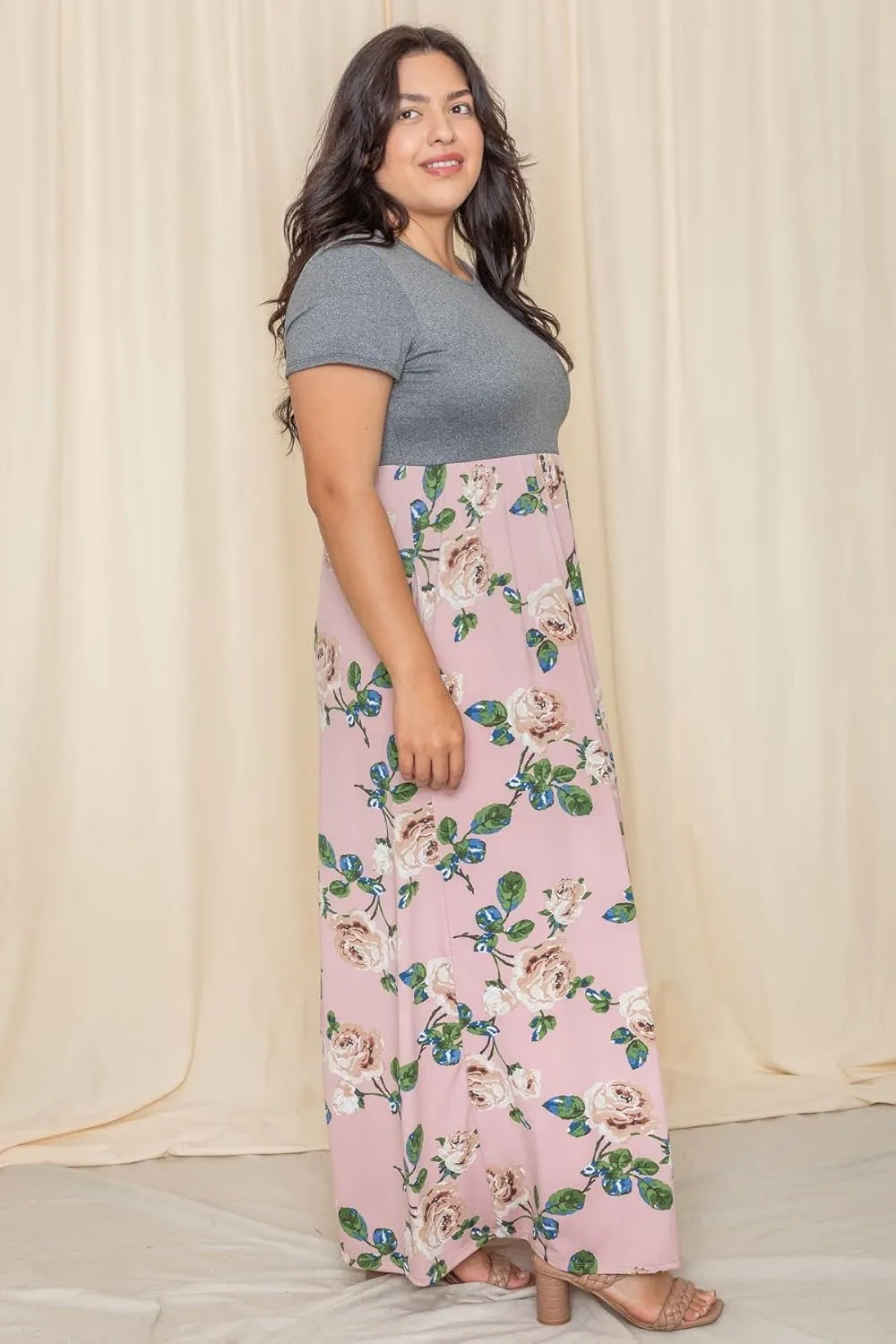 Eloges Summer Short Sleeve Floral Tie Dye Multi Stripe Plus Casual Long Maxi Dress with Pockets