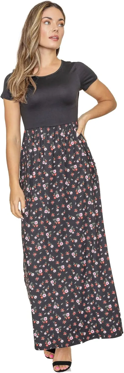 Eloges Summer Short Sleeve Floral Tie Dye Multi Stripe Plus Casual Long Maxi Dress with Pockets