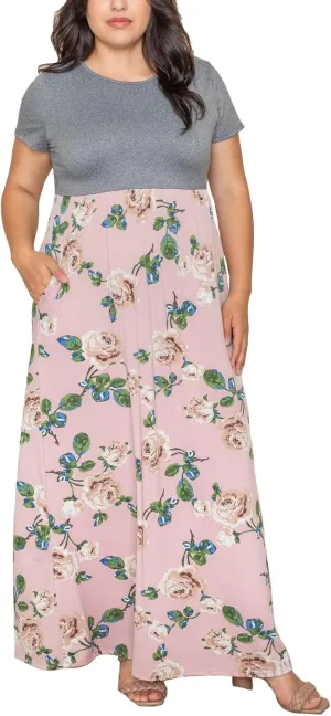 Eloges Summer Short Sleeve Floral Tie Dye Multi Stripe Plus Casual Long Maxi Dress with Pockets