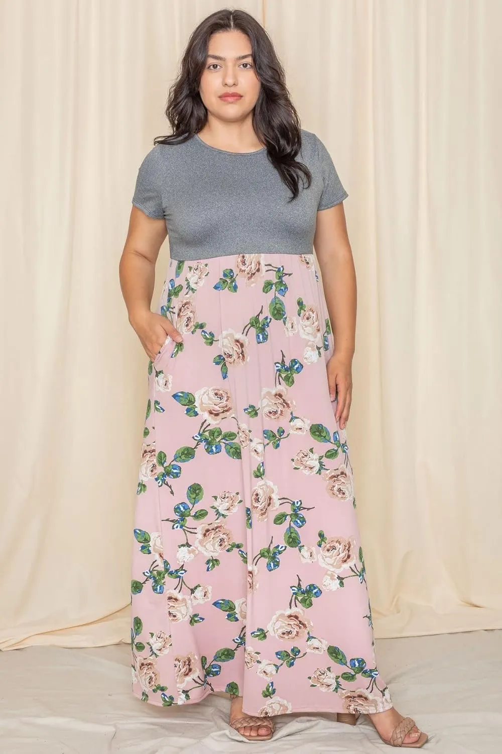 Eloges Summer Short Sleeve Floral Tie Dye Multi Stripe Plus Casual Long Maxi Dress with Pockets