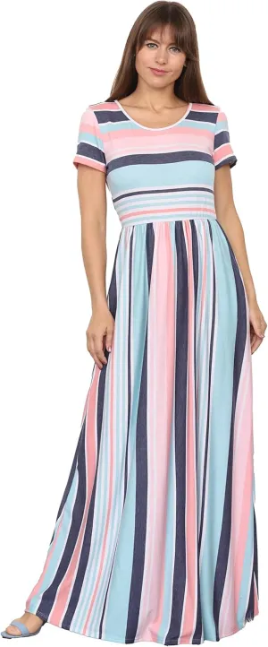 Eloges Summer Short Sleeve Floral Tie Dye Multi Stripe Plus Casual Long Maxi Dress with Pockets