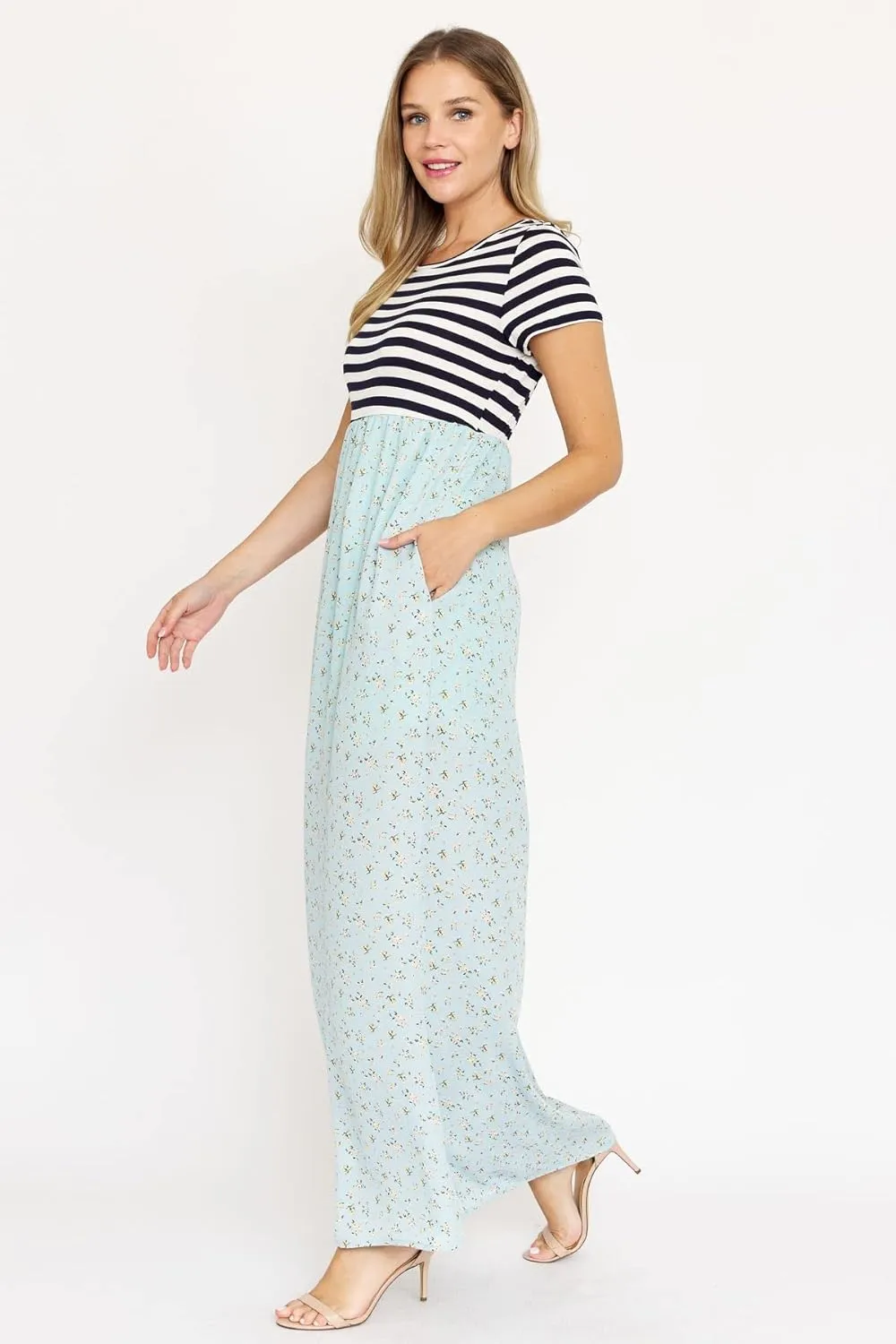 Eloges Summer Short Sleeve Floral Tie Dye Multi Stripe Plus Casual Long Maxi Dress with Pockets