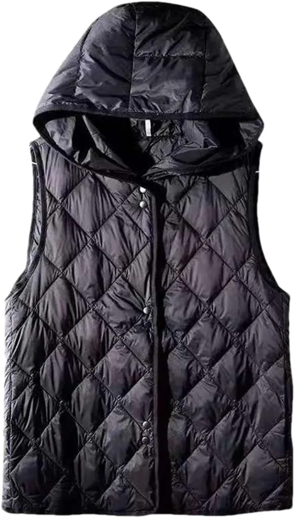 ERFMFKL Women's Autumn Ultra Light Down Vest Hooded Sleeveless Jacket Outerwear Cotton Padded Waistcoat