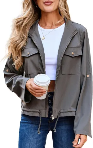 EVALESS Womens Zip Up Jacket Roll Tab Sleeve Flap Pocket Drawstring Hem Utility Lightweight Cropped Jackets