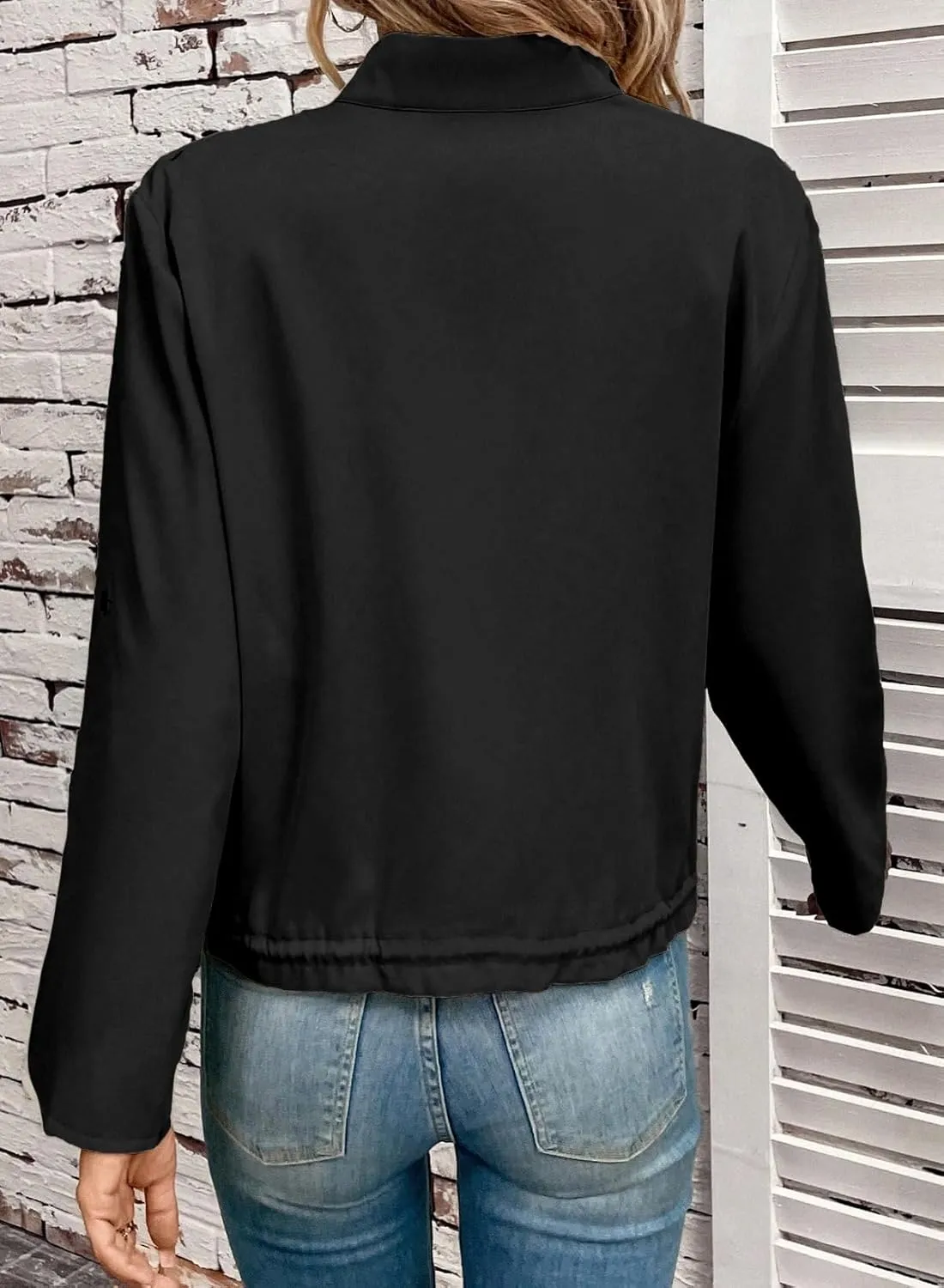 EVALESS Womens Zip Up Jacket Roll Tab Sleeve Flap Pocket Drawstring Hem Utility Lightweight Cropped Jackets