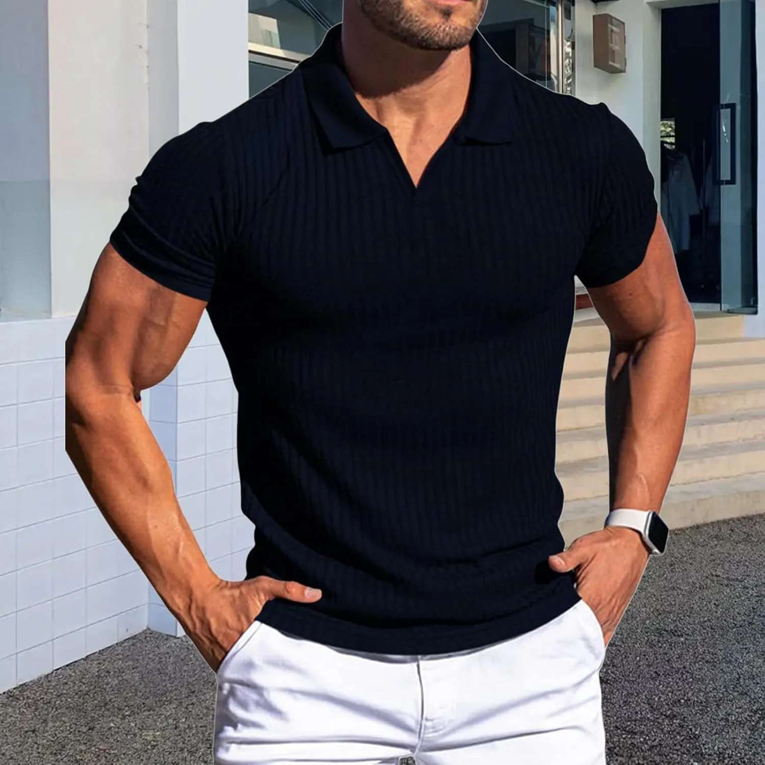 evzosrz Mens Short Sleeve Polo Shirts Slim Fit V Neck Muscle Tshirts Casual Ribbed Textured Stripe Knit Quick-Dry Golf Shirts