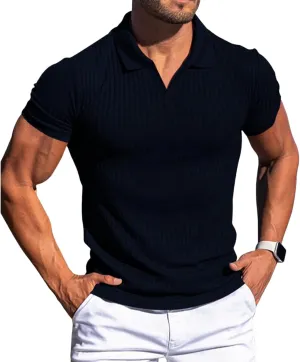 evzosrz Mens Short Sleeve Polo Shirts Slim Fit V Neck Muscle Tshirts Casual Ribbed Textured Stripe Knit Quick-Dry Golf Shirts