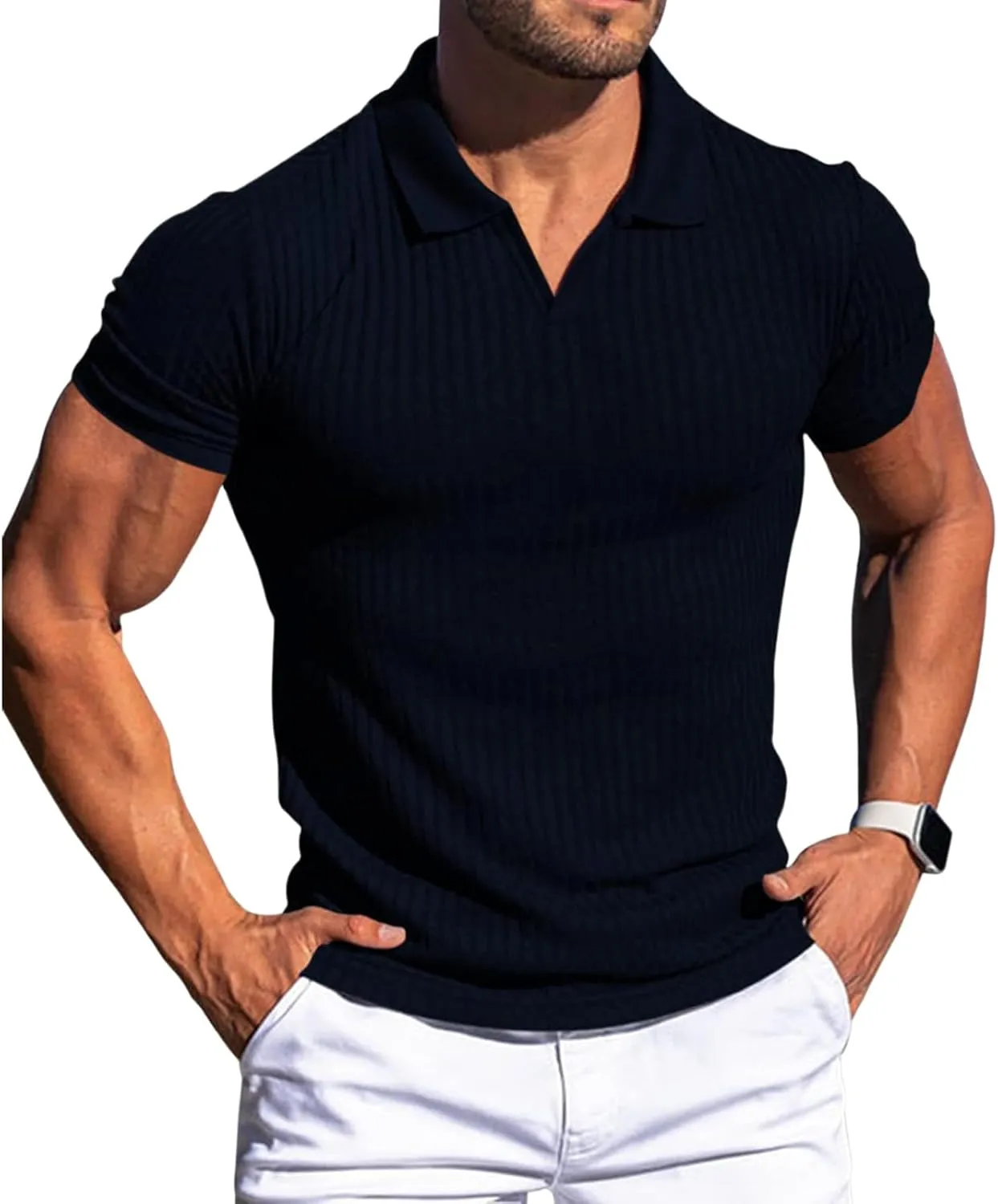 evzosrz Mens Short Sleeve Polo Shirts Slim Fit V Neck Muscle Tshirts Casual Ribbed Textured Stripe Knit Quick-Dry Golf Shirts