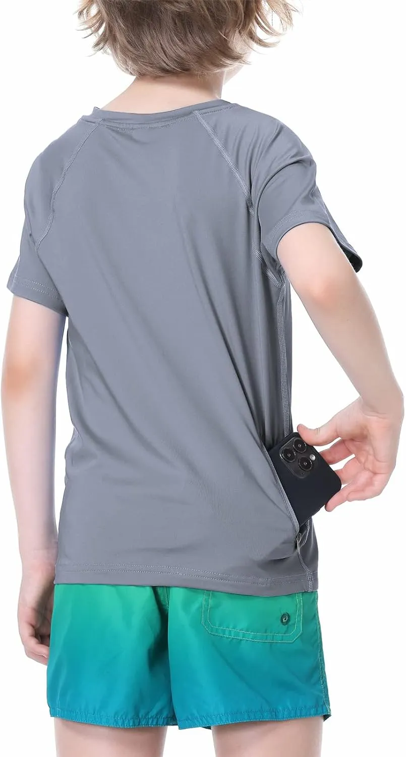 EXARUS Youth Boys Rash Guard Swim Shirts Short Sleeve Sun Shirts Lightweight Quick Dry UPF 50  with Back Zip Pocket