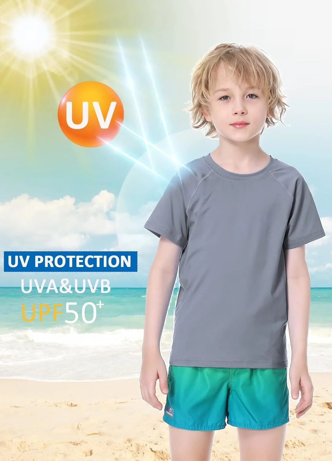 EXARUS Youth Boys Rash Guard Swim Shirts Short Sleeve Sun Shirts Lightweight Quick Dry UPF 50  with Back Zip Pocket
