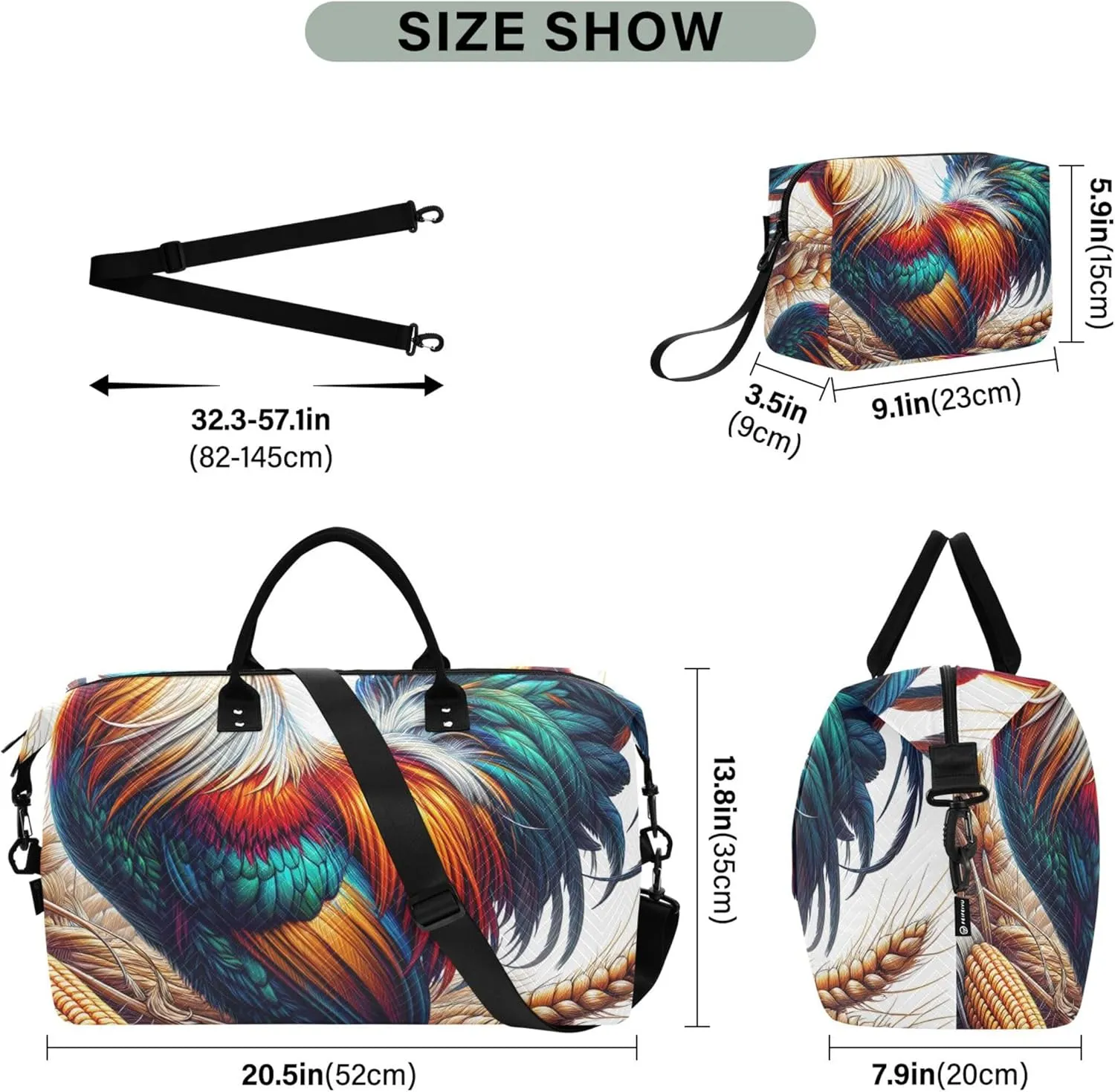Farm Rooster Print Duffel Bag Womens Make up Bags Set of 2, Animal Print Women Sports Duffle Bag Carry on Tote