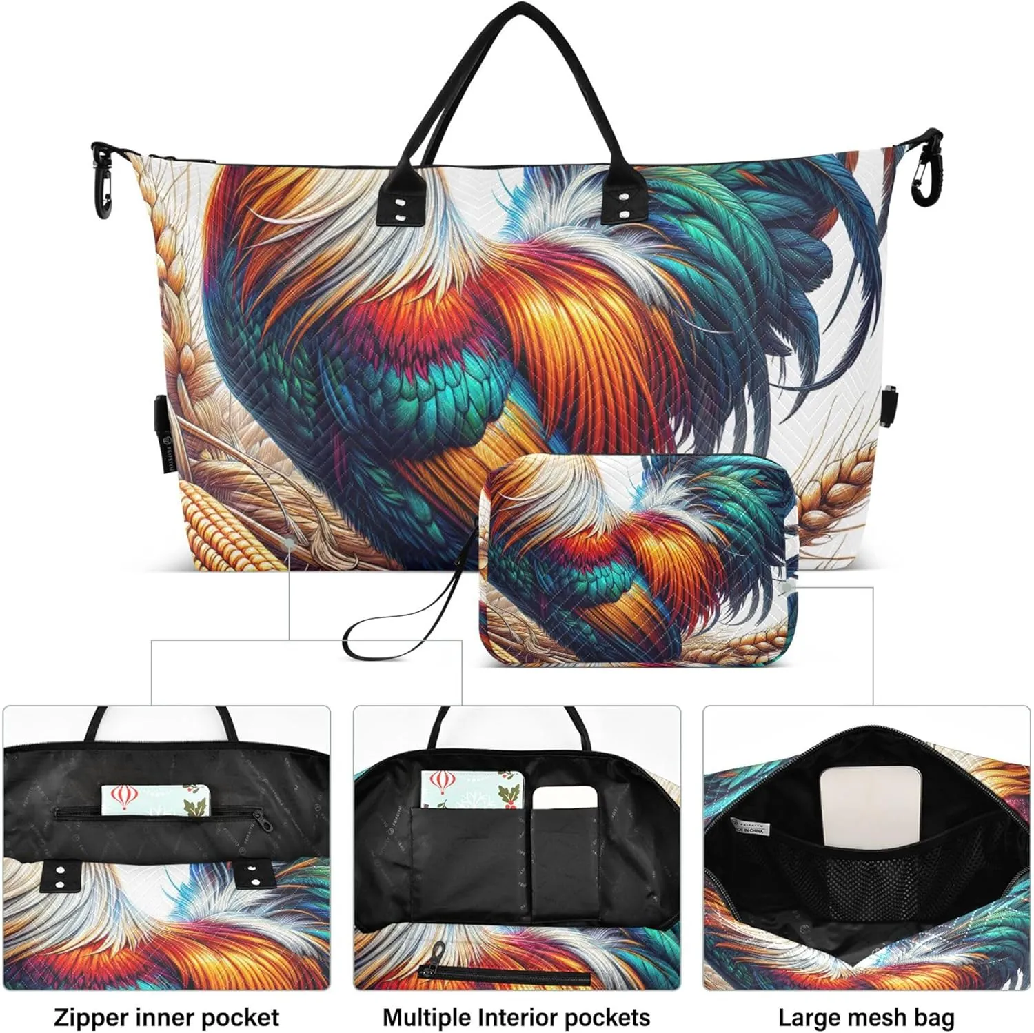 Farm Rooster Print Duffel Bag Womens Make up Bags Set of 2, Animal Print Women Sports Duffle Bag Carry on Tote