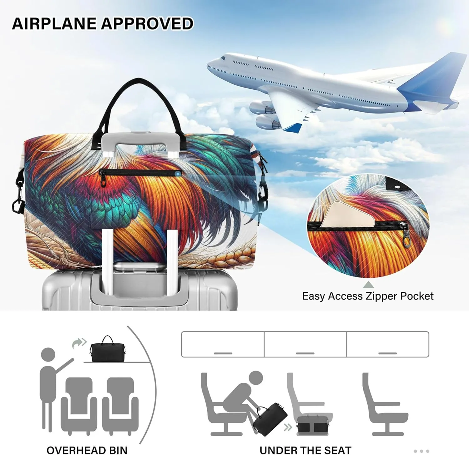 Farm Rooster Print Duffel Bag Womens Make up Bags Set of 2, Animal Print Women Sports Duffle Bag Carry on Tote
