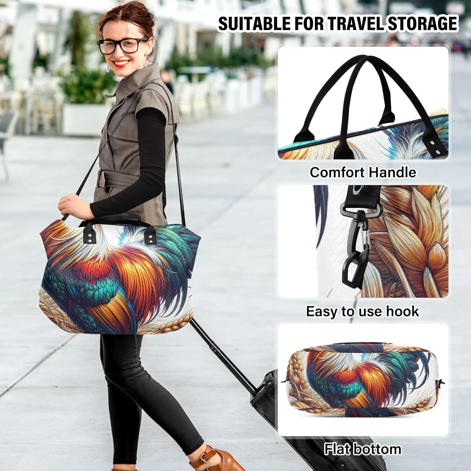 Farm Rooster Print Duffel Bag Womens Make up Bags Set of 2, Animal Print Women Sports Duffle Bag Carry on Tote