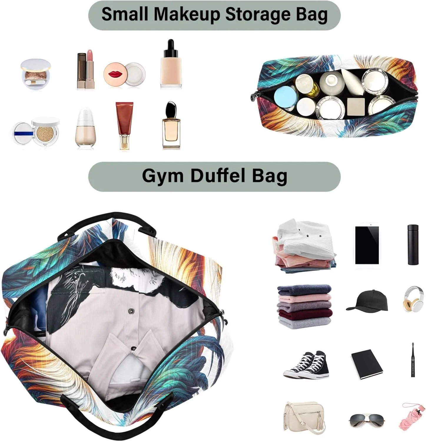 Farm Rooster Print Duffel Bag Womens Make up Bags Set of 2, Animal Print Women Sports Duffle Bag Carry on Tote