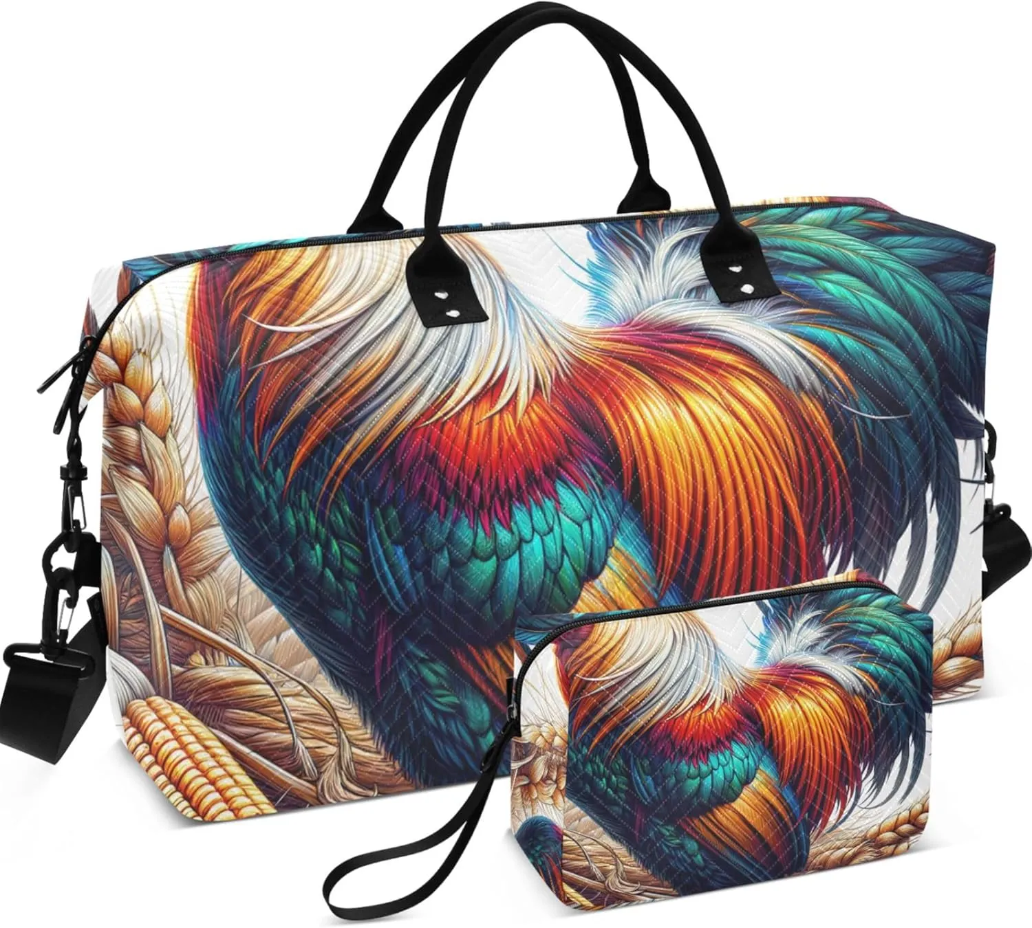 Farm Rooster Print Duffel Bag Womens Make up Bags Set of 2, Animal Print Women Sports Duffle Bag Carry on Tote