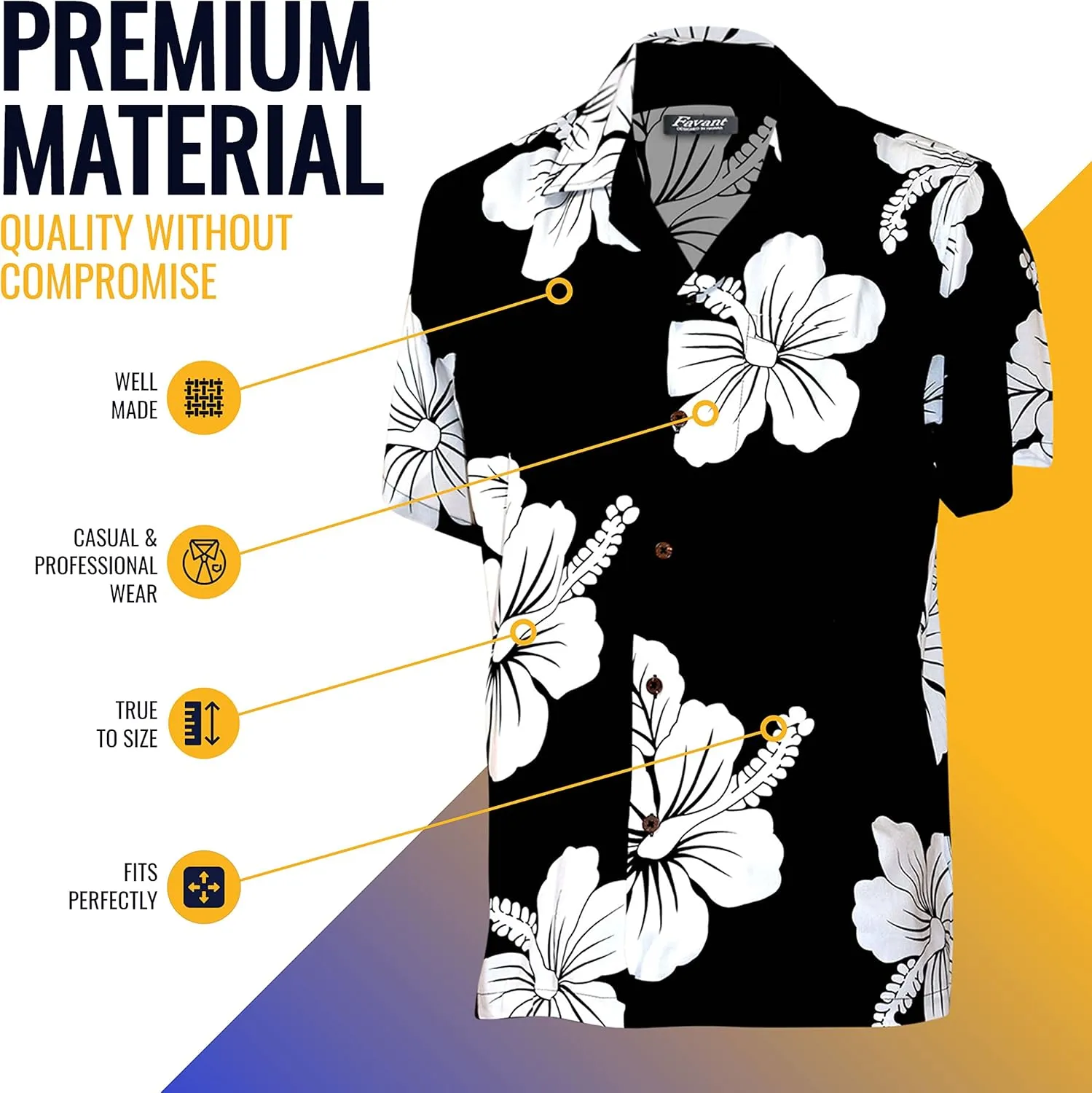 Favant Hawaiian Shirts - Hibiscus Comfortable Hawaiian Beach Shirt for Men. Lightweight Mens Hawaiian Shirts Dries Quickly