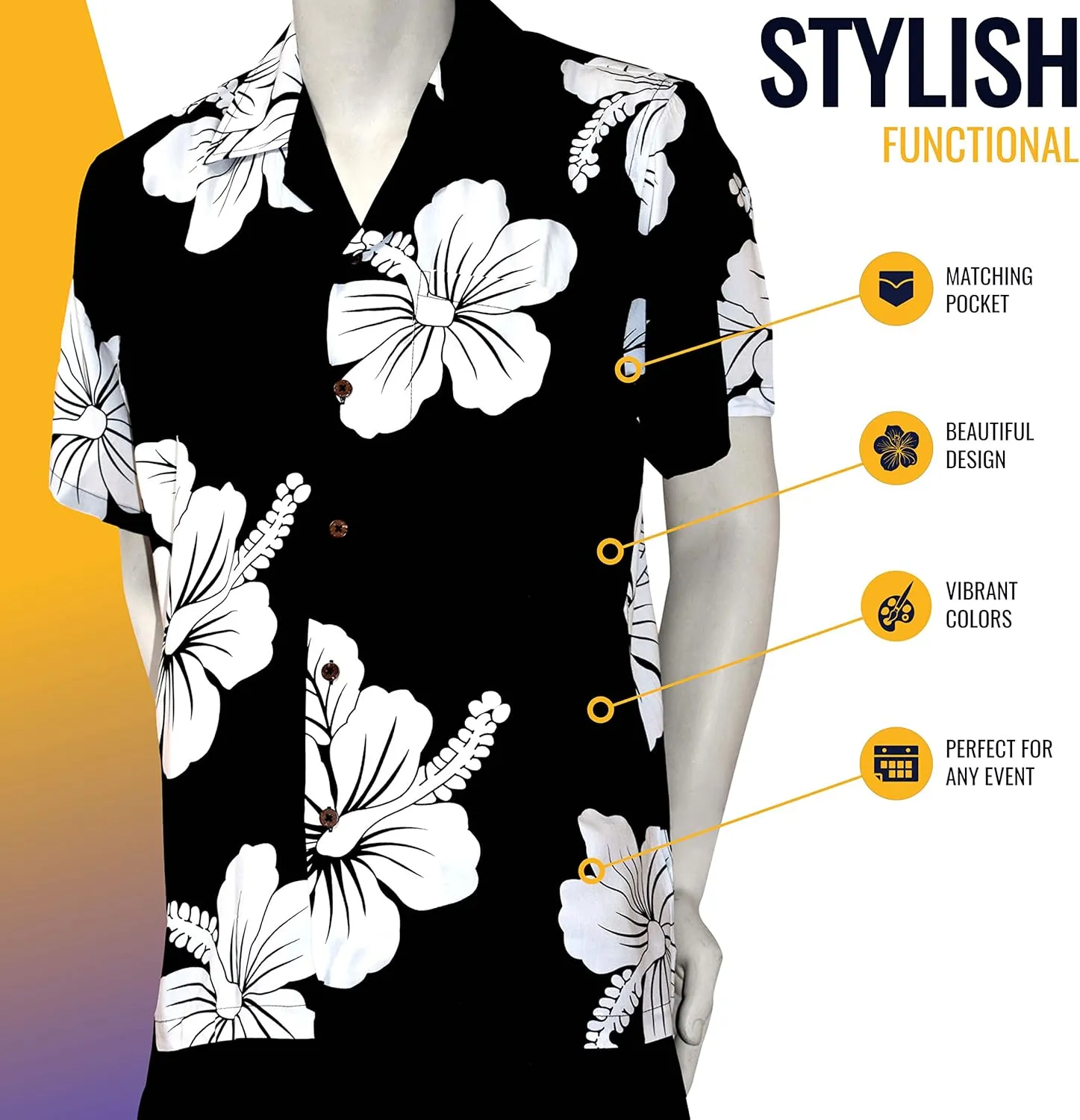 Favant Hawaiian Shirts - Hibiscus Comfortable Hawaiian Beach Shirt for Men. Lightweight Mens Hawaiian Shirts Dries Quickly