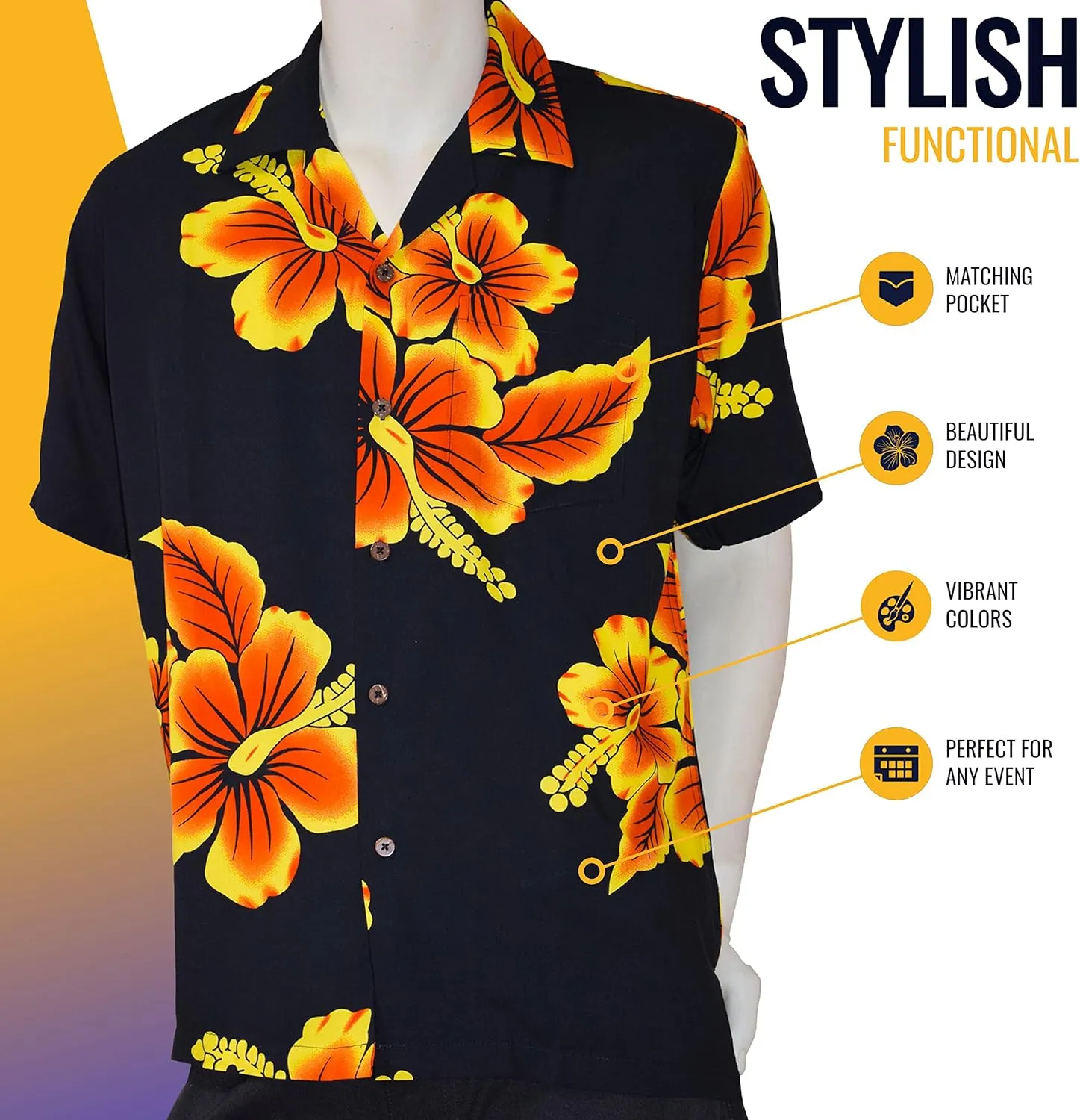 Favant Hawaiian Shirts - Hibiscus Comfortable Hawaiian Beach Shirt for Men. Lightweight Mens Hawaiian Shirts Dries Quickly