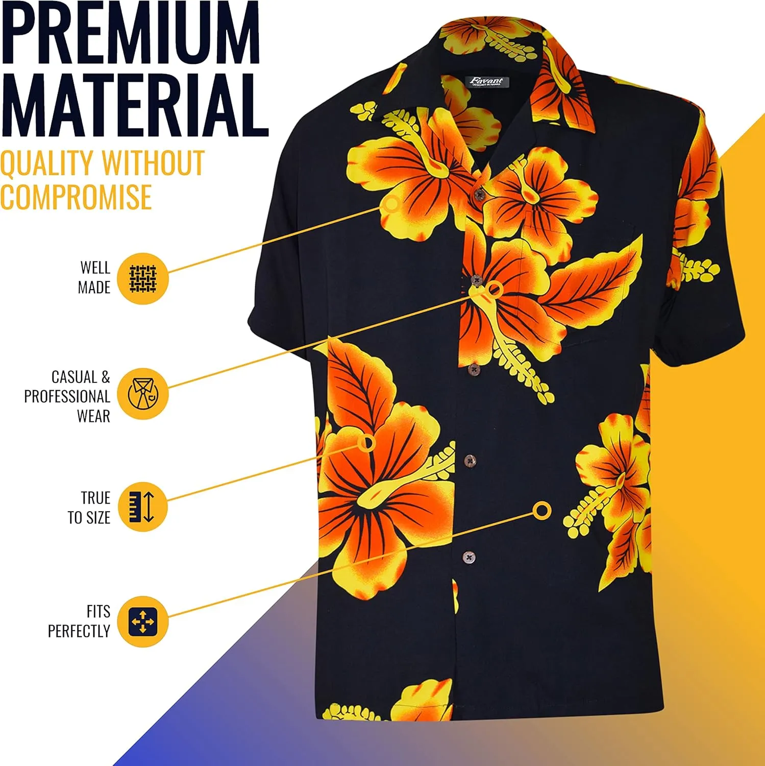 Favant Hawaiian Shirts - Hibiscus Comfortable Hawaiian Beach Shirt for Men. Lightweight Mens Hawaiian Shirts Dries Quickly