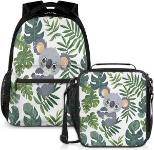 Fern Koala Lunch Backpack Palm Leaves Laptop Backpacks Set with Insulated Cooler Lunch Box Leak Proof Lunch Bag for Women Men Work Camping Travel Daypack