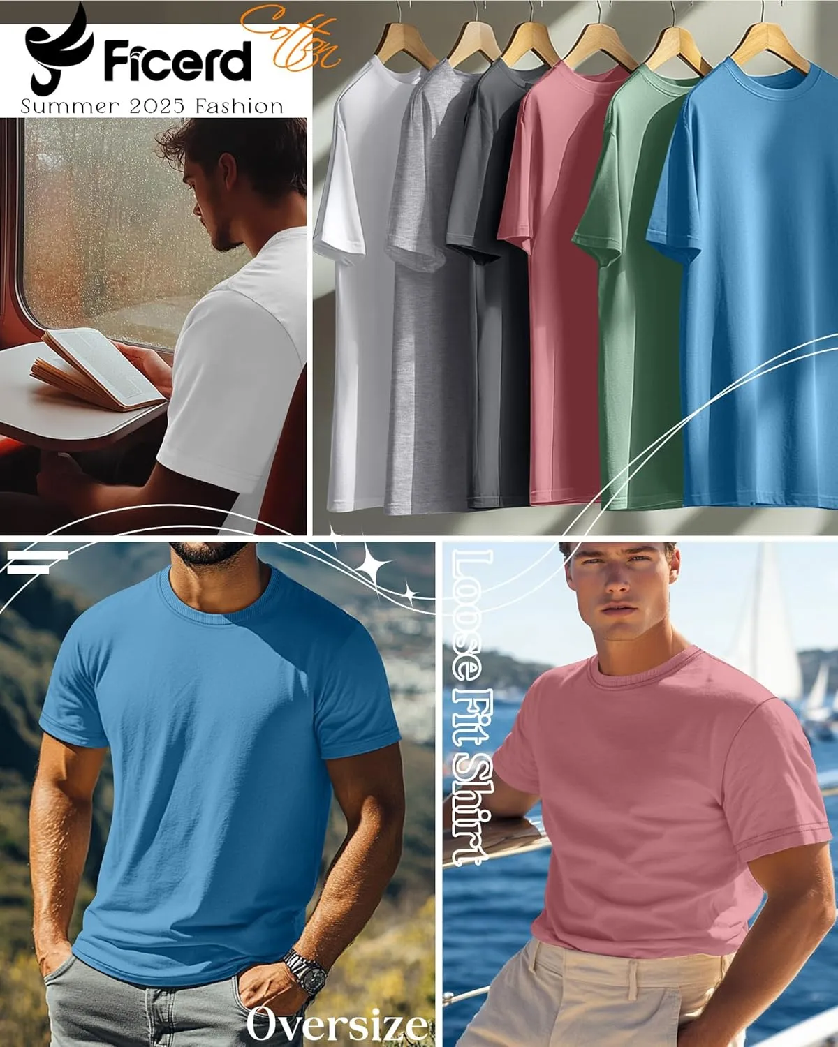 Ficerd 6 Pack Men's Big and Tall Shirts Short Sleeve Cotton Tee Summer Crew Neck Oversize Top Loose Fit Shirt Multipack