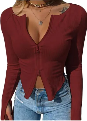 Fisoew Womens Long Sleeve Tops Ribbed Crop Top Double Zip Up Cardigans V Neck Sweater Shirts Fall and Winter 2024