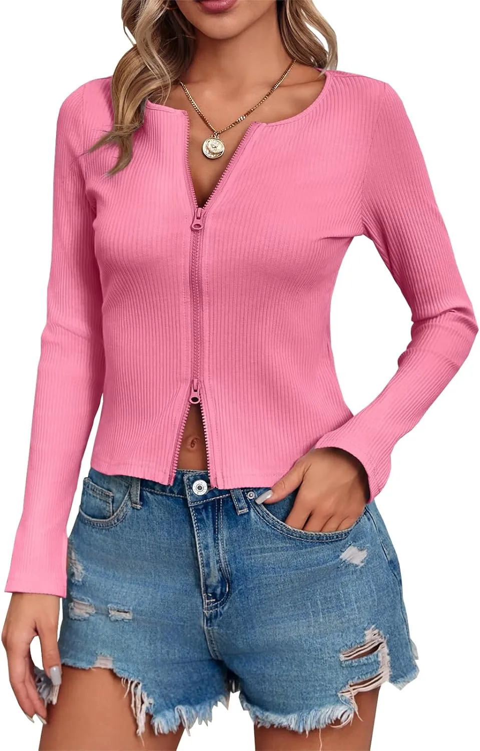 Fisoew Womens Long Sleeve Tops Ribbed Crop Top Double Zip Up Cardigans V Neck Sweater Shirts Fall and Winter 2024