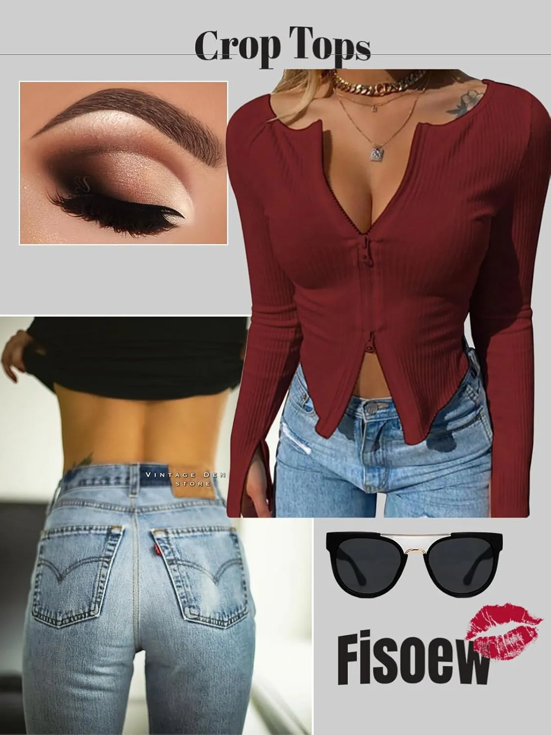 Fisoew Womens Long Sleeve Tops Ribbed Crop Top Double Zip Up Cardigans V Neck Sweater Shirts Fall and Winter 2024