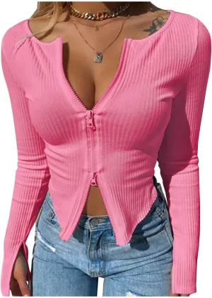 Fisoew Womens Long Sleeve Tops Ribbed Crop Top Double Zip Up Cardigans V Neck Sweater Shirts Fall and Winter 2024